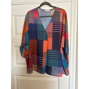 Umgee USA Womens XL Patchwork Geometric V-Neck Roll Tab Sleeve Blouse Multicolor